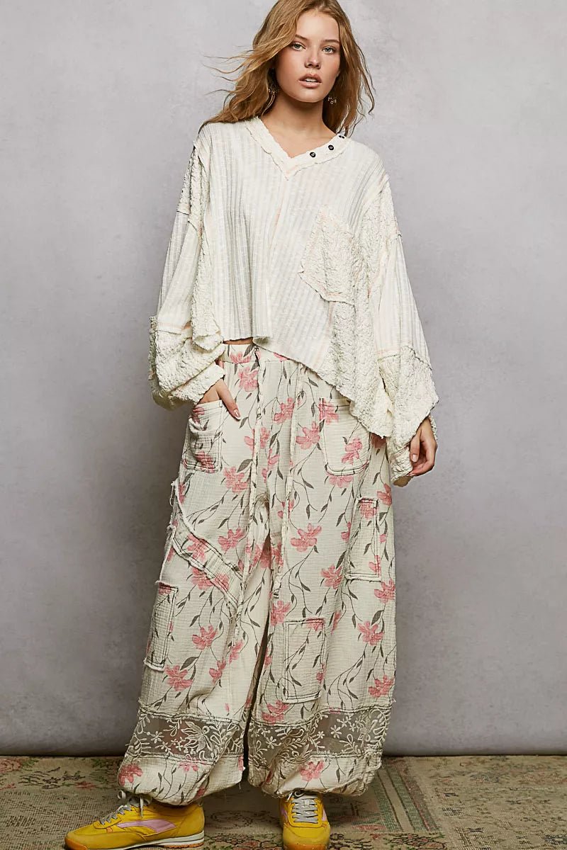 POL V - Neck Long Sleeve Top with Stitch Detail - Bitsy Gypsy Boutique