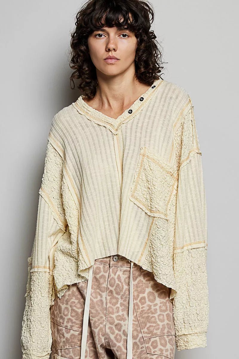 POL V - Neck Long Sleeve Top with Stitch Detail - Bitsy Gypsy Boutique