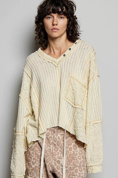 POL V - Neck Long Sleeve Top with Stitch Detail - Bitsy Gypsy Boutique