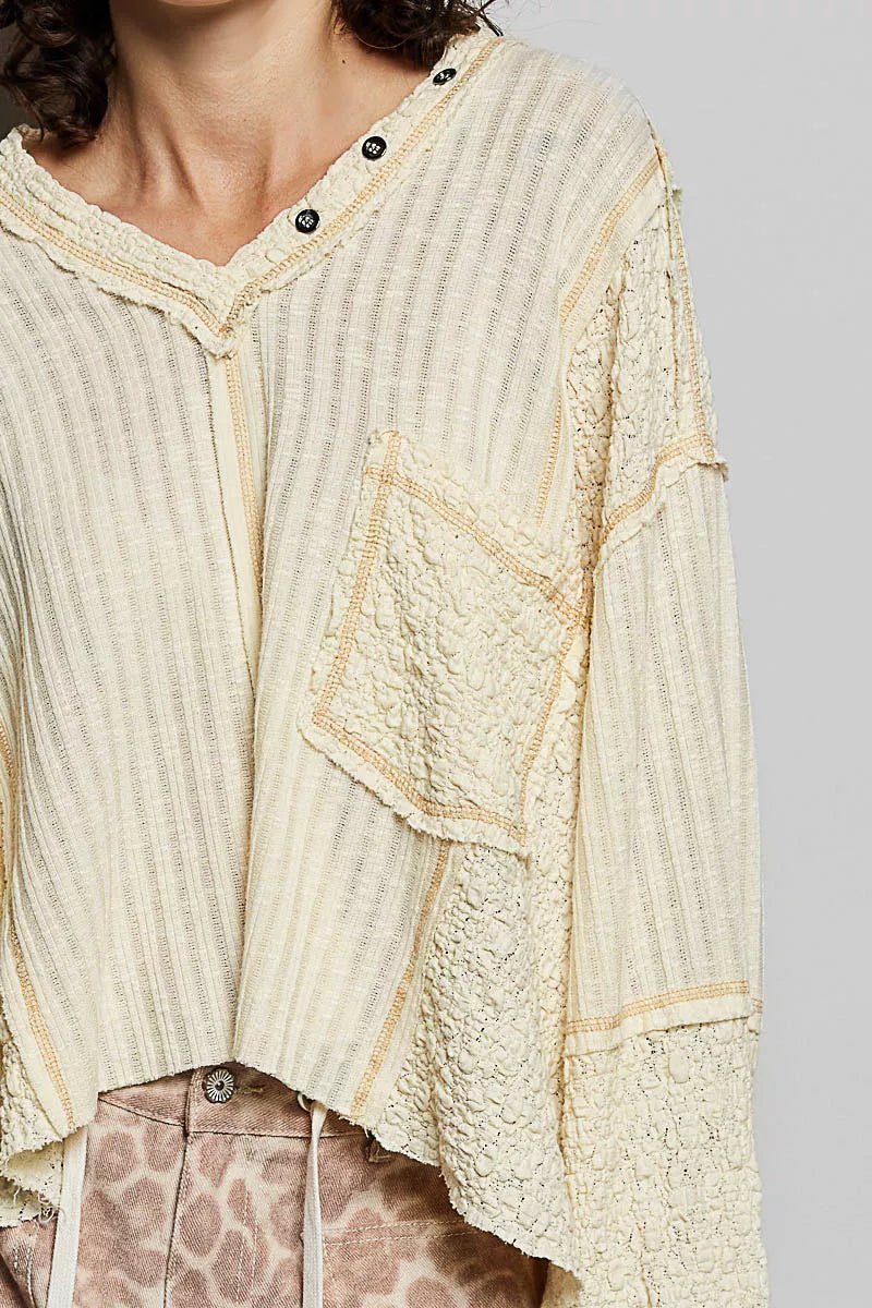 POL V - Neck Long Sleeve Top with Stitch Detail - Bitsy Gypsy Boutique