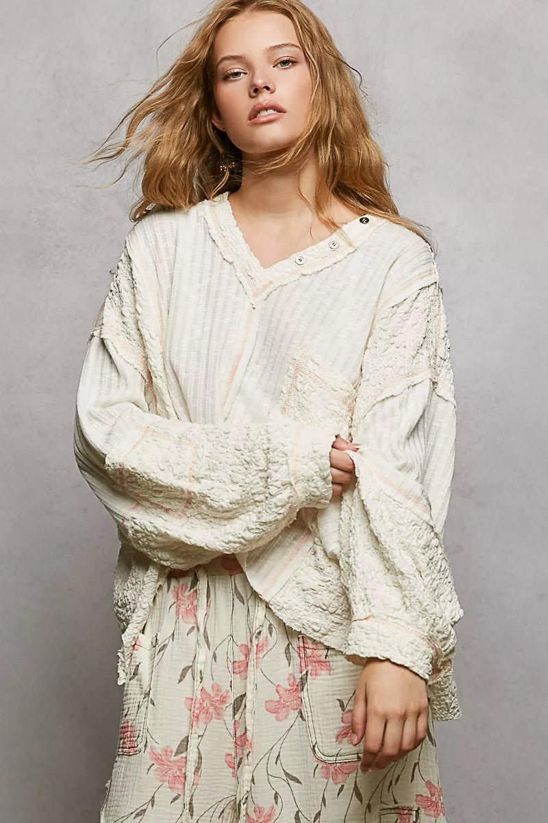 POL V - Neck Long Sleeve Top with Stitch Detail - Bitsy Gypsy Boutique