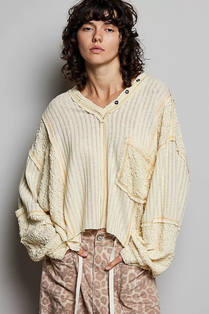POL V - Neck Long Sleeve Top with Stitch Detail - Bitsy Gypsy Boutique