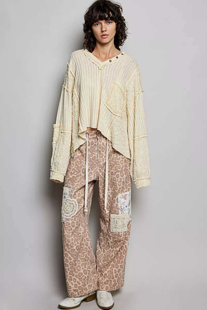 POL V - Neck Long Sleeve Top with Stitch Detail - Bitsy Gypsy Boutique