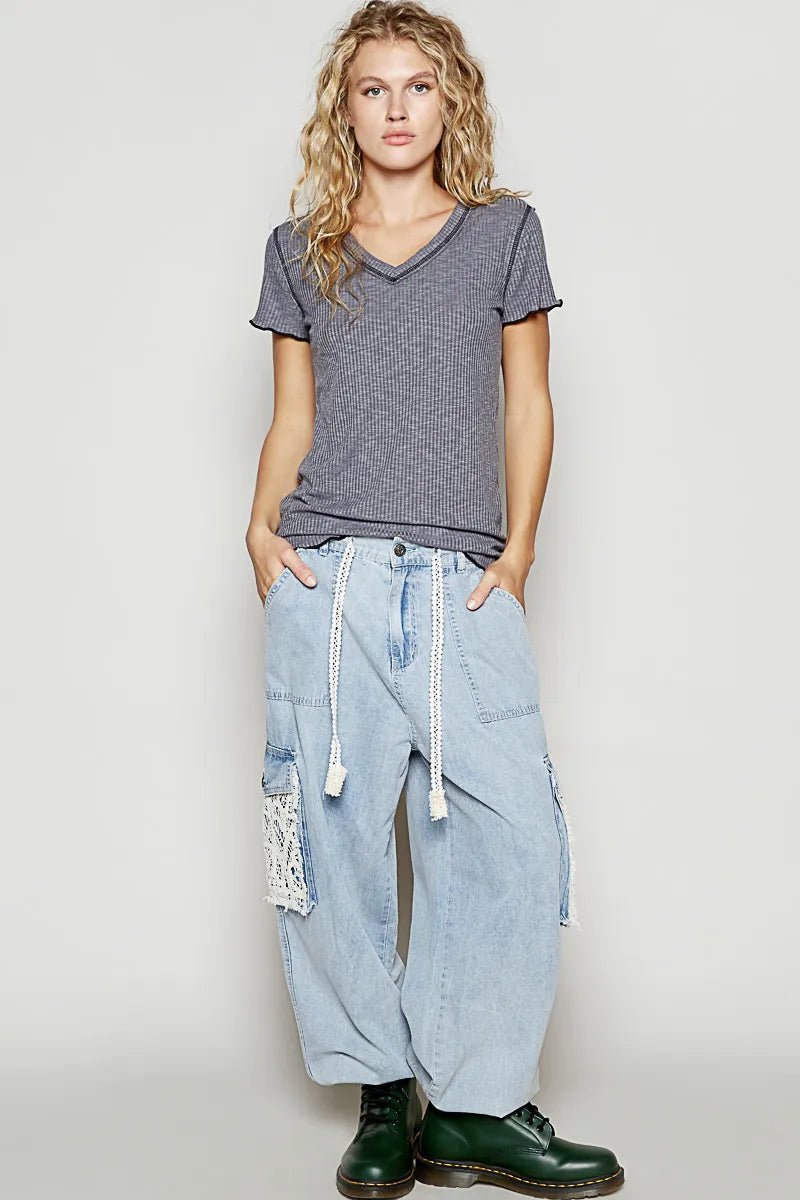 POL V - Neck Short Sleeve Ribbed T-Shirt with Contrast Overlock Stitching - Bitsy Gypsy Boutique