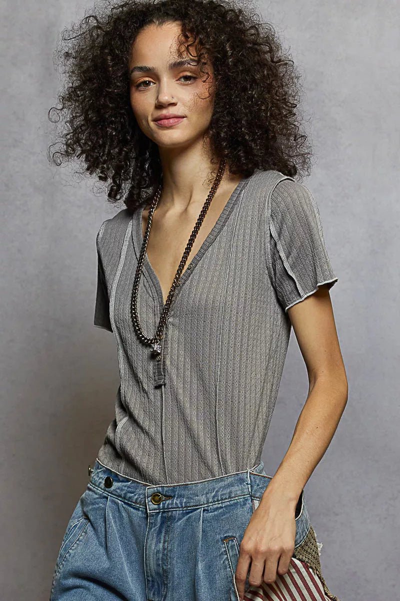 POL V - Neck Short Sleeve Top with Stitch Seam Detail - Bitsy Gypsy Boutique