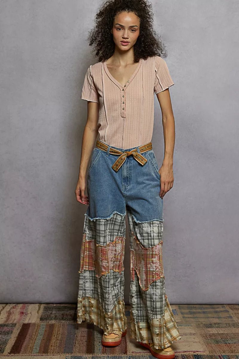 POL V - Neck Short Sleeve Top with Stitch Seam Detail - Bitsy Gypsy Boutique