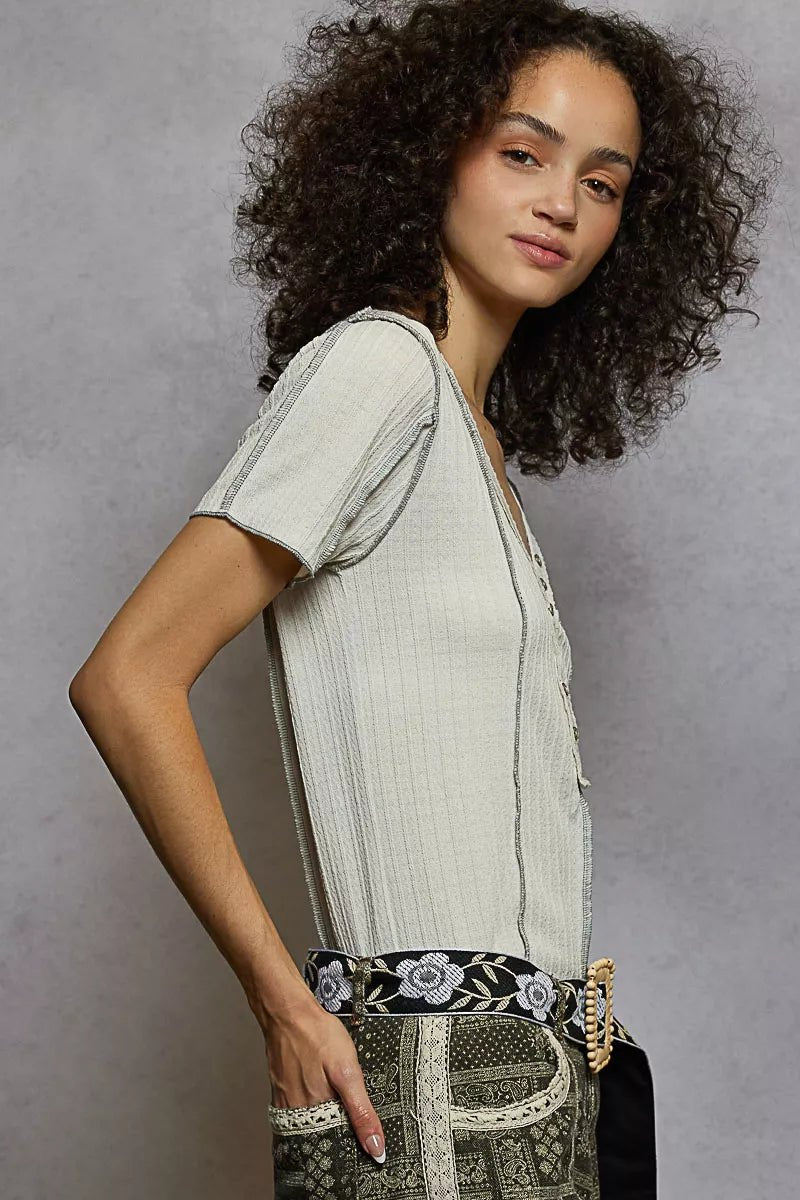POL V - Neck Short Sleeve Top with Stitch Seam Detail - Bitsy Gypsy Boutique