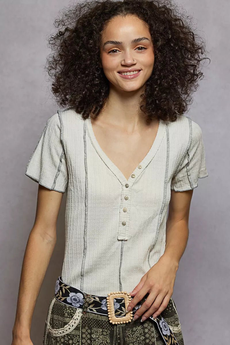 POL V - Neck Short Sleeve Top with Stitch Seam Detail - Bitsy Gypsy Boutique