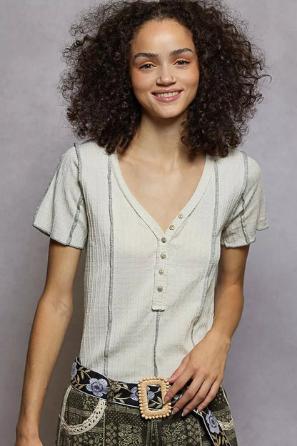 POL V - Neck Short Sleeve Top with Stitch Seam Detail - Bitsy Gypsy Boutique