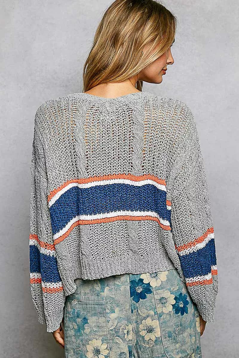 POL V - Neck Striped Pattern Cropped Knit Top with Cable Knit Detail - Bitsy Gypsy Boutique