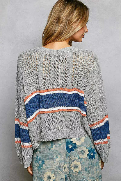 POL V - Neck Striped Pattern Cropped Knit Top with Cable Knit Detail - Bitsy Gypsy Boutique