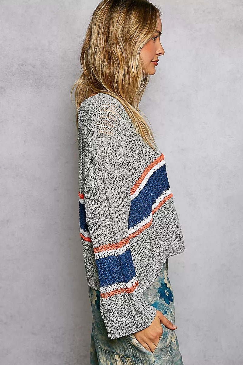 POL V - Neck Striped Pattern Cropped Knit Top with Cable Knit Detail - Bitsy Gypsy Boutique