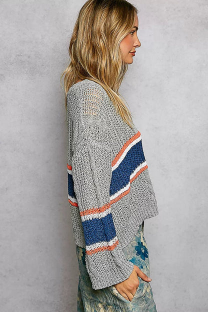 POL V - Neck Striped Pattern Cropped Knit Top with Cable Knit Detail - Bitsy Gypsy Boutique