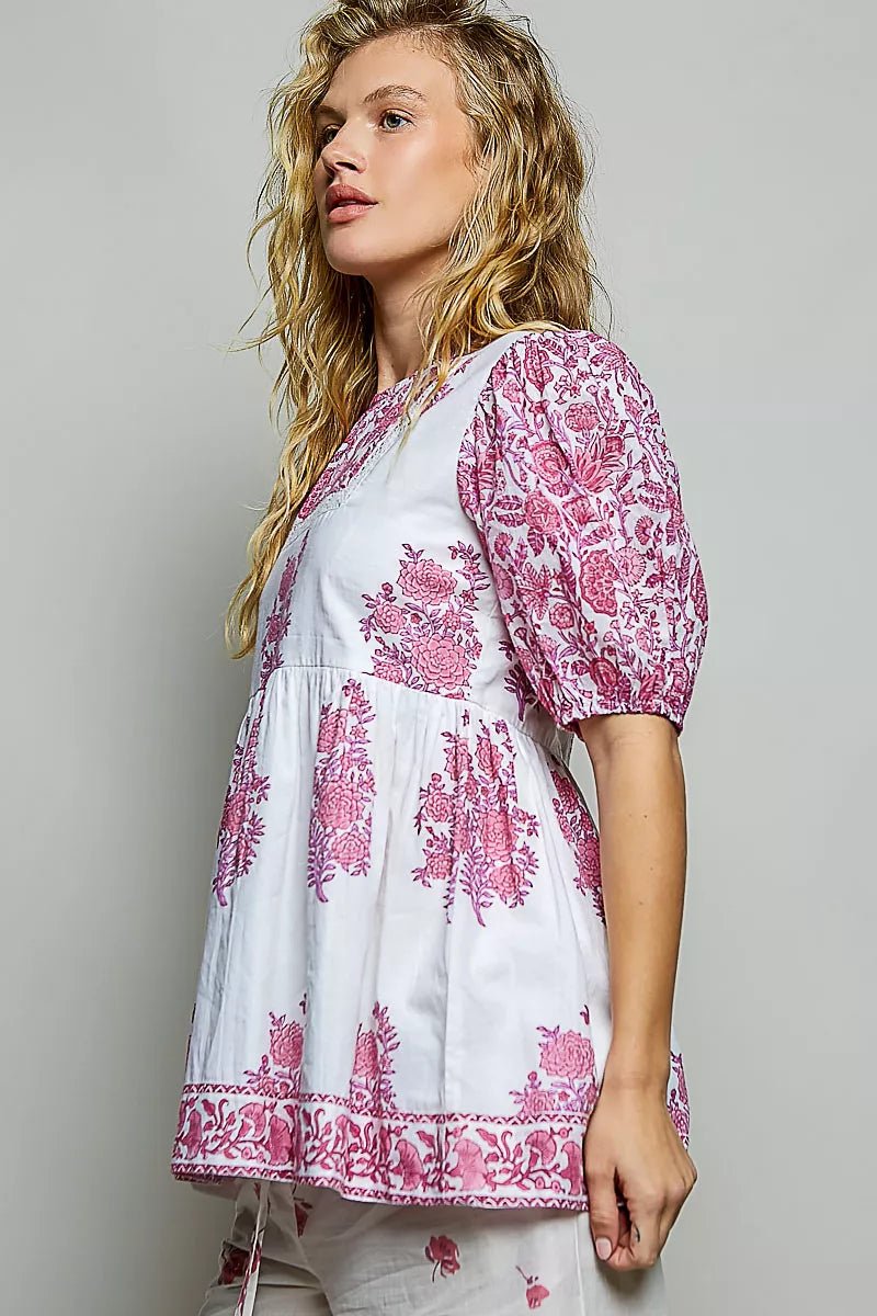 POL Vintage Hand Block Print Floral Woven Blouse - Bitsy Gypsy Boutique