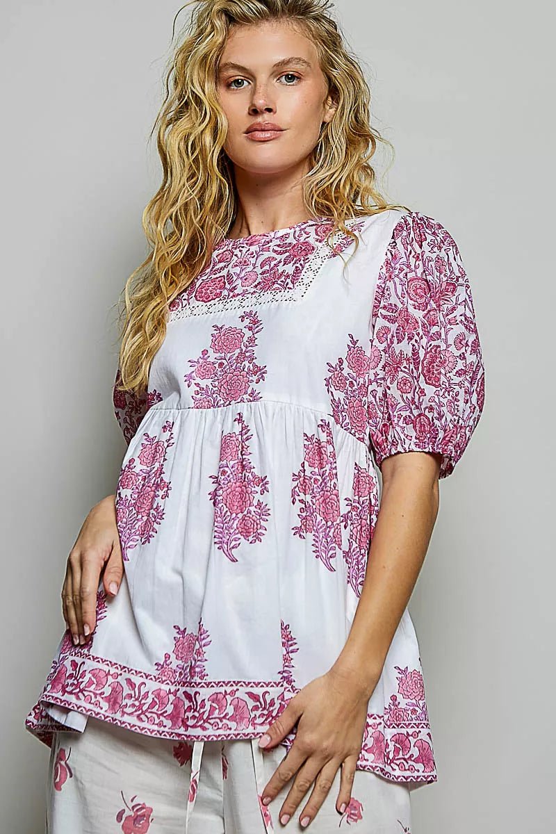 POL Vintage Hand Block Print Floral Woven Blouse - Bitsy Gypsy Boutique