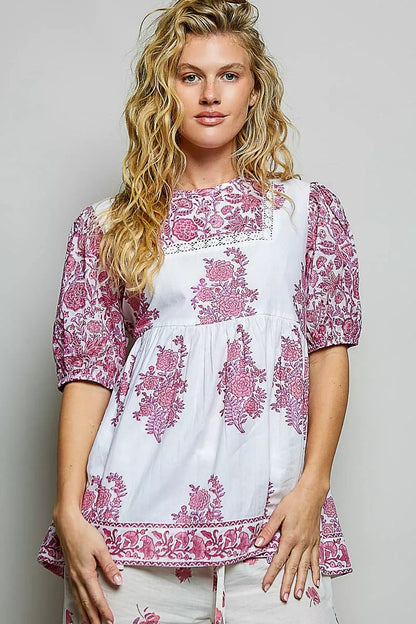 POL Vintage Hand Block Print Floral Woven Blouse - Bitsy Gypsy Boutique