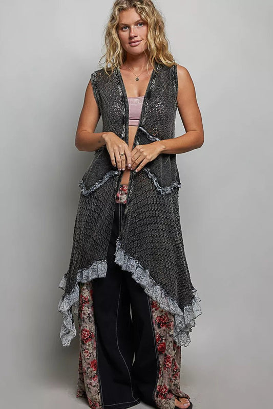 POL Vintage Wash Ruffled Crochet Vest Cardigan - Bitsy Gypsy Boutique