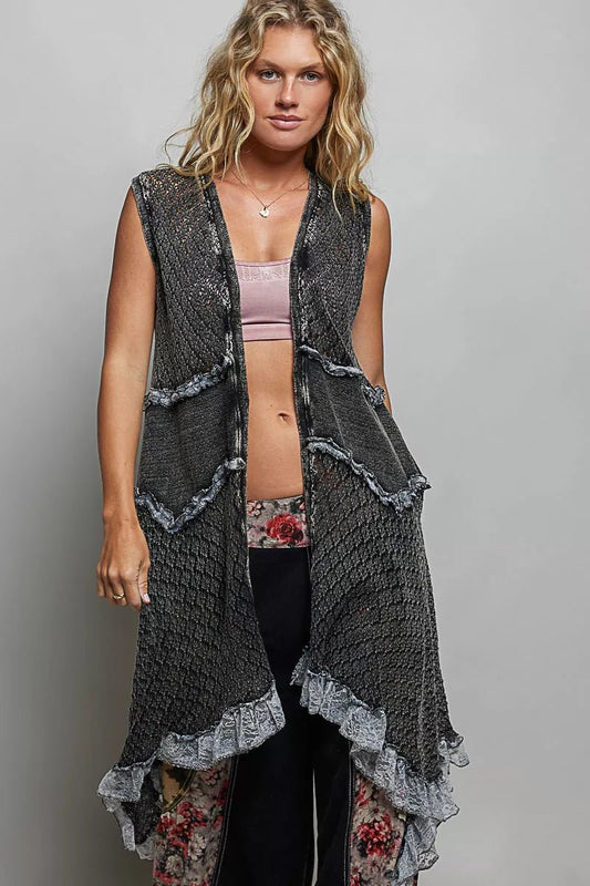POL Vintage Wash Ruffled Crochet Vest Cardigan - Bitsy Gypsy Boutique