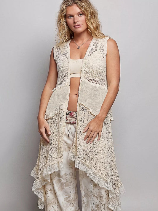 POL Vintage Wash Ruffled Crochet Vest Cardigan - Bitsy Gypsy Boutique