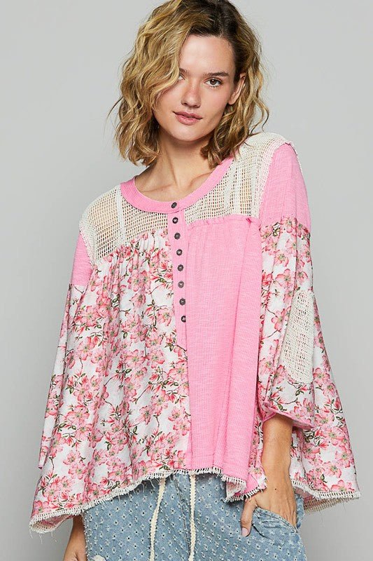 POL Washed Floral Print Crochet Detail Top - Bitsy Gypsy Boutique