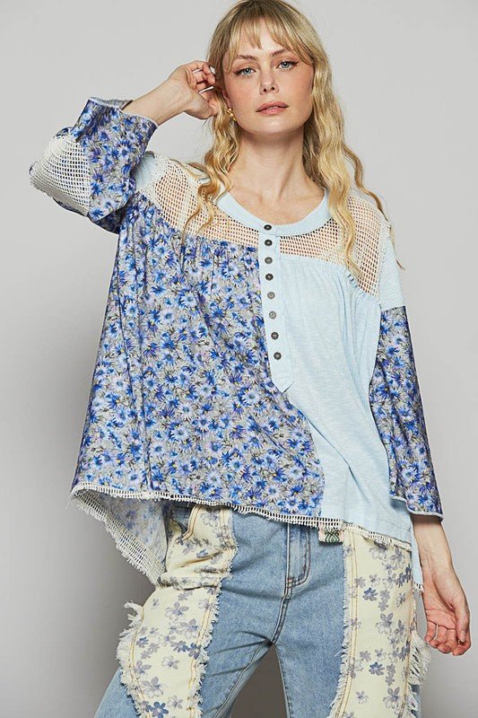 POL Washed Floral Print Crochet Detail Top - Bitsy Gypsy Boutique