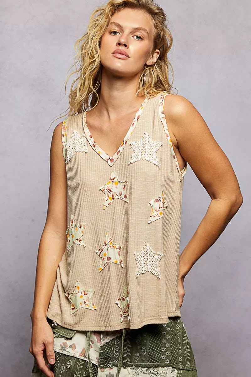 POL Washed Ribbed V - Neck Tank with Floral Print Star Patch - Bitsy Gypsy Boutique