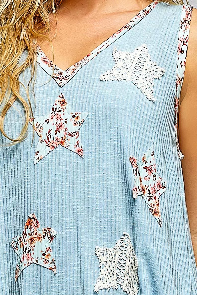 POL Washed Ribbed V - Neck Tank with Floral Print Star Patch - Bitsy Gypsy Boutique