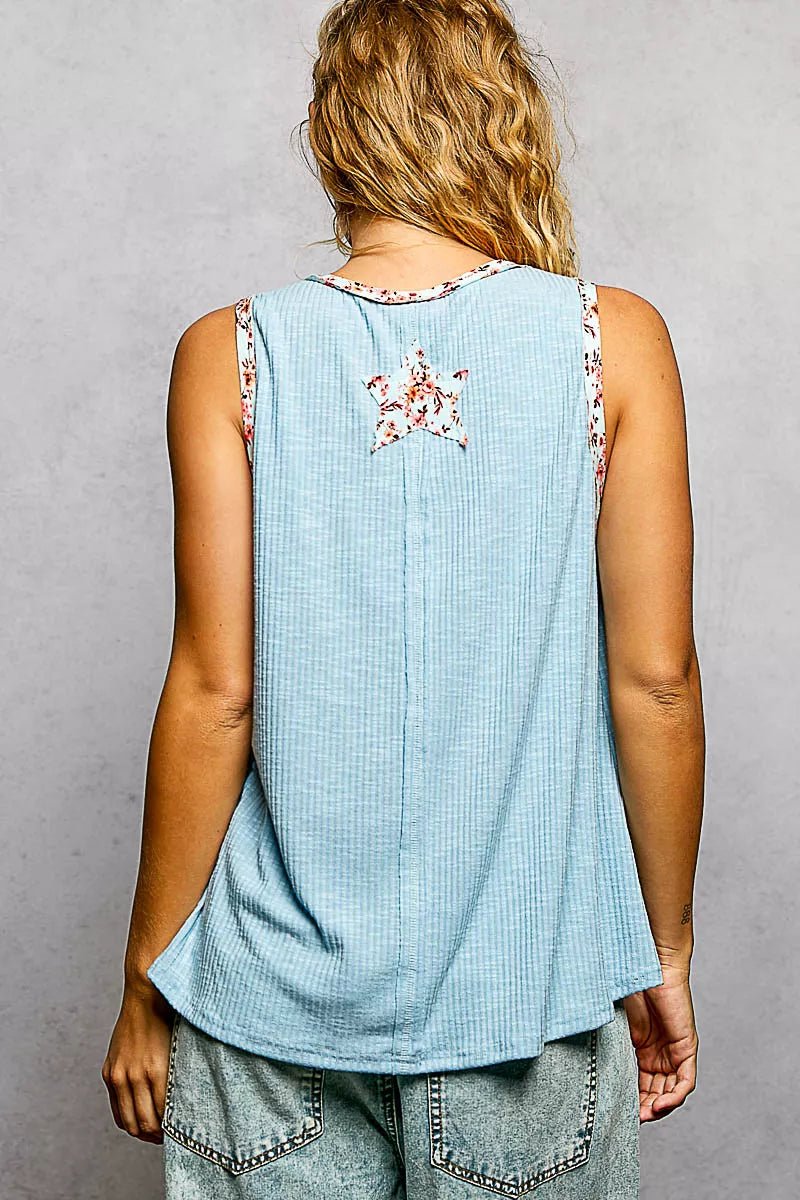 POL Washed Ribbed V - Neck Tank with Floral Print Star Patch - Bitsy Gypsy Boutique