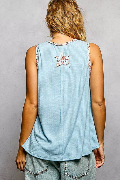 POL Washed Ribbed V - Neck Tank with Floral Print Star Patch - Bitsy Gypsy Boutique