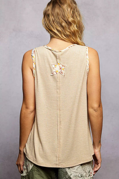 POL Washed Ribbed V - Neck Tank with Floral Print Star Patch - Bitsy Gypsy Boutique