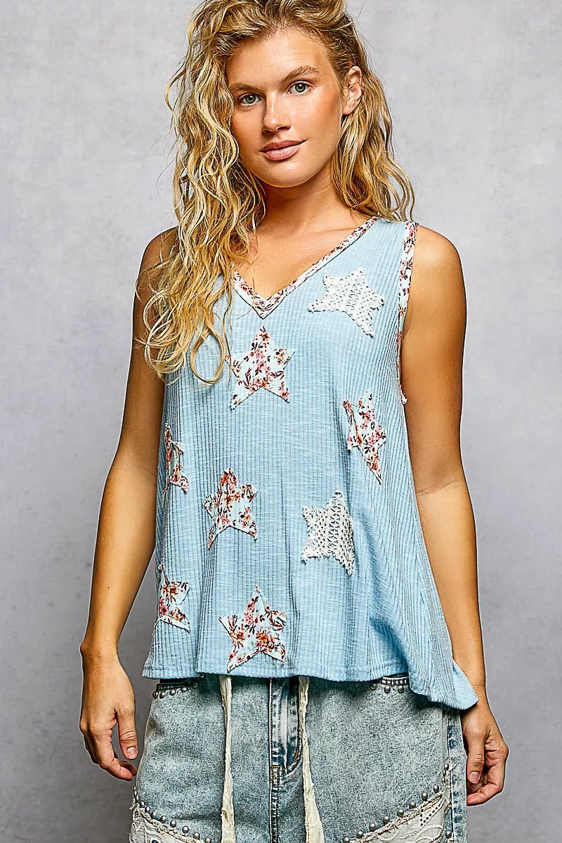 POL Washed Ribbed V - Neck Tank with Floral Print Star Patch - Bitsy Gypsy Boutique
