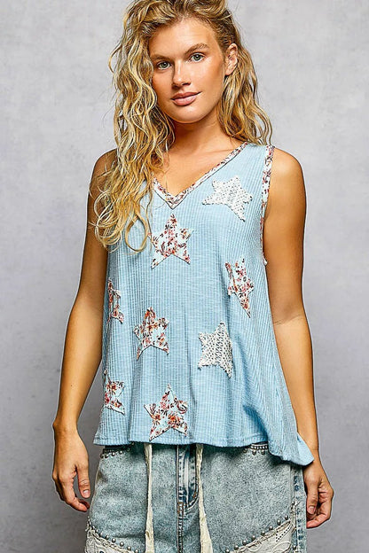 POL Washed Ribbed V - Neck Tank with Floral Print Star Patch - Bitsy Gypsy Boutique