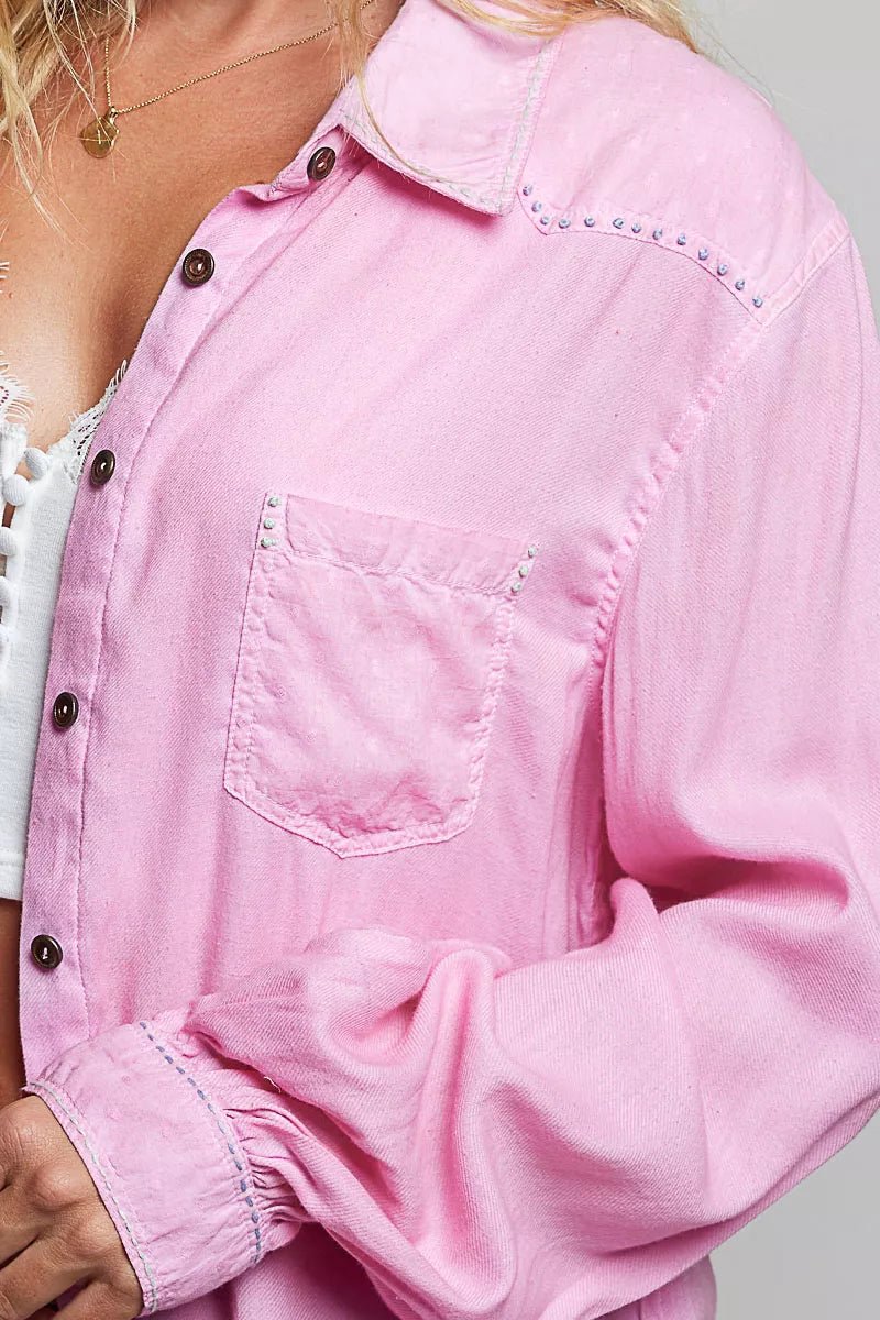 POL Washed Textured Cotton Western Button Front Shirt - Bitsy Gypsy Boutique