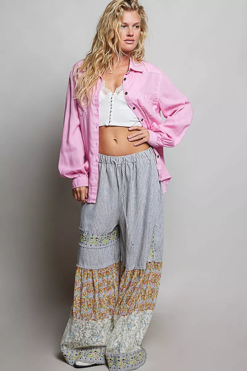 POL Washed Textured Cotton Western Button Front Shirt - Bitsy Gypsy Boutique
