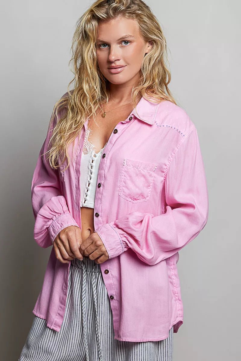 POL Washed Textured Cotton Western Button Front Shirt - Bitsy Gypsy Boutique