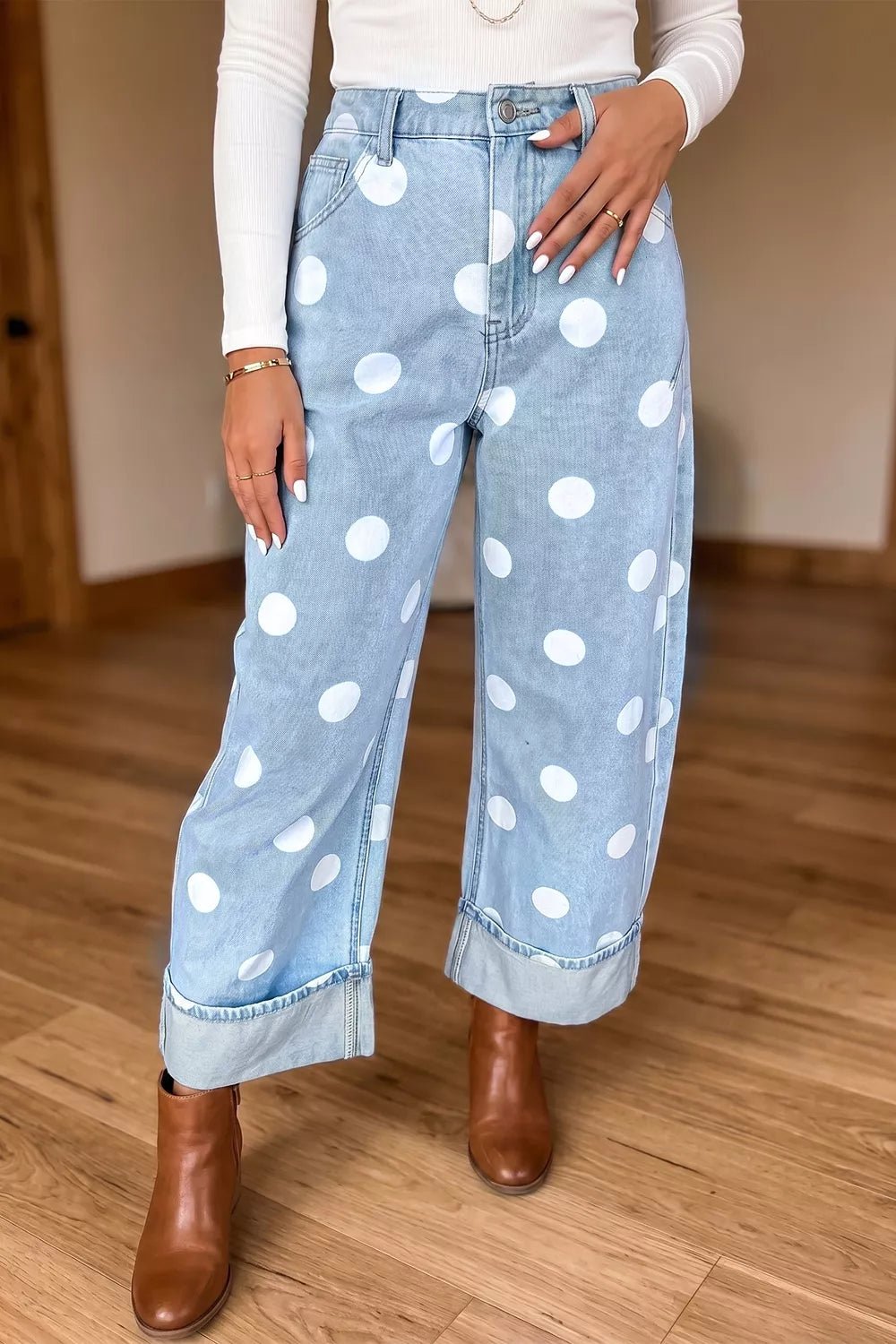 Polka Dot Ankle-Length Metal Button Casual Jeans - Bitsy Gypsy Boutique