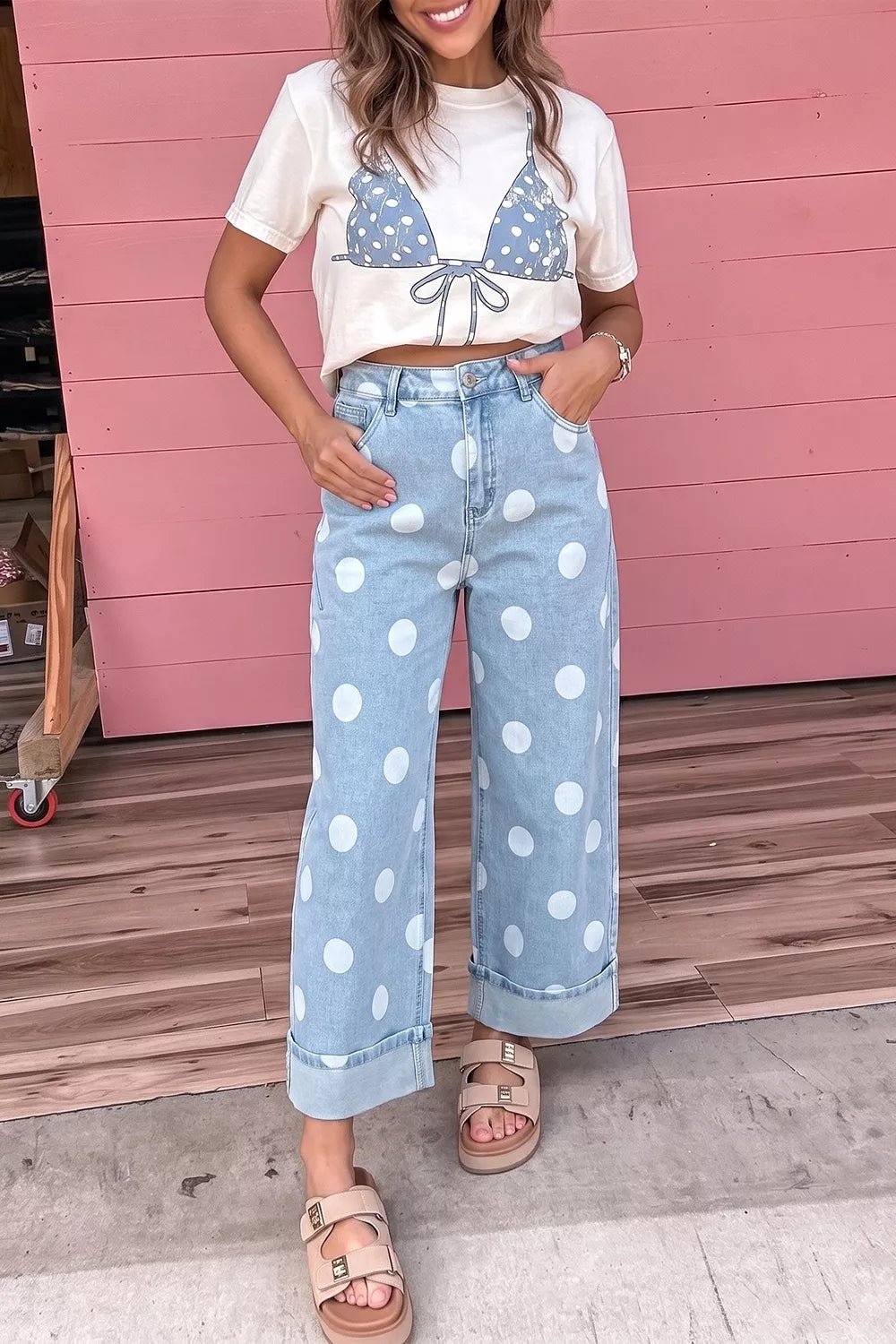 Polka Dot Ankle-Length Metal Button Casual Jeans - Bitsy Gypsy Boutique