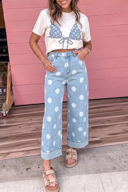 Polka Dot Ankle-Length Metal Button Casual Jeans - Bitsy Gypsy Boutique