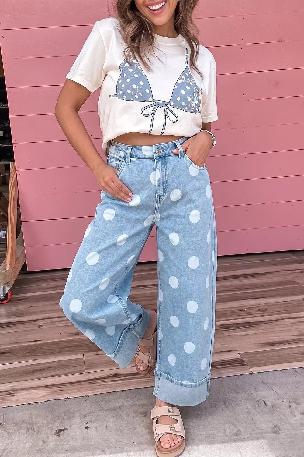 Polka Dot Ankle-Length Metal Button Casual Jeans - Bitsy Gypsy Boutique
