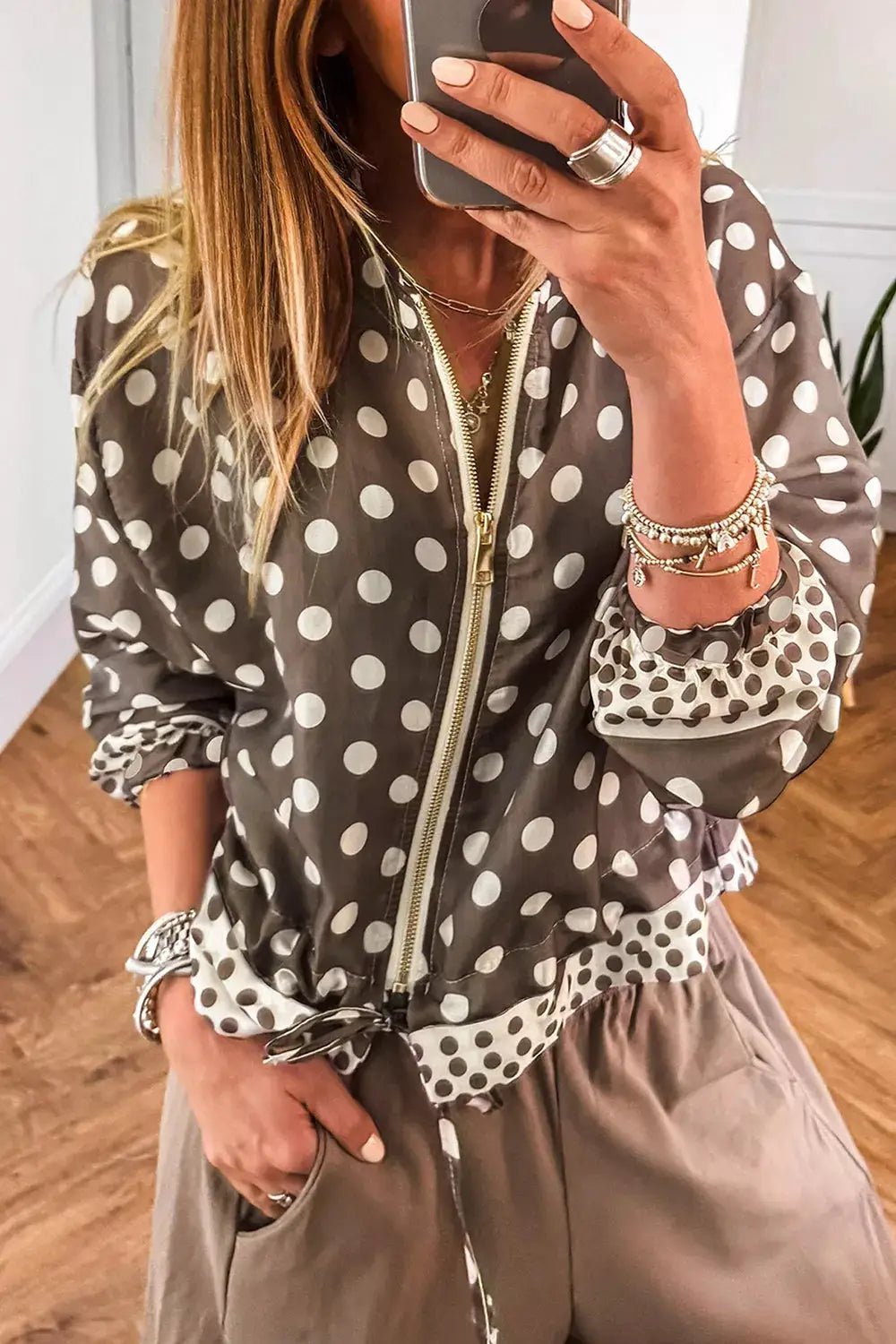 Polka Dot Contrast Detail Zip-Up Long Sleeve Shacket - Bitsy Gypsy Boutique