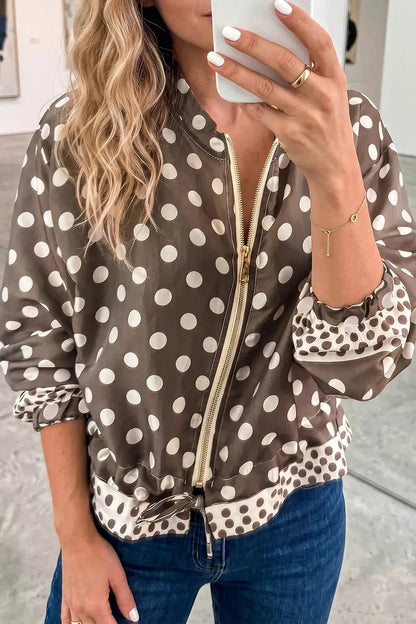 Polka Dot Contrast Detail Zip-Up Long Sleeve Shacket - Bitsy Gypsy Boutique