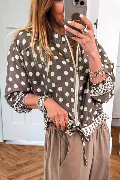 Polka Dot Contrast Detail Zip-Up Long Sleeve Shacket - Bitsy Gypsy Boutique