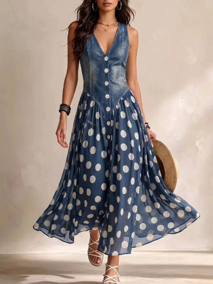 Polka Dot Denim Bodice Sleeveless Maxi Dress - Bitsy Gypsy Boutique