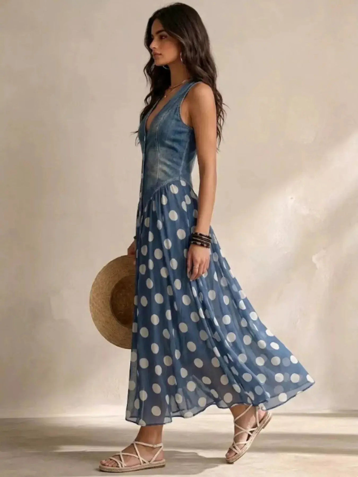 Polka Dot Denim Bodice Sleeveless Maxi Dress - Bitsy Gypsy Boutique