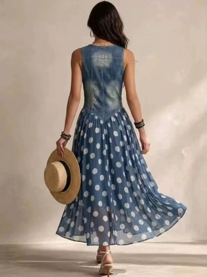 Polka Dot Denim Bodice Sleeveless Maxi Dress - Bitsy Gypsy Boutique