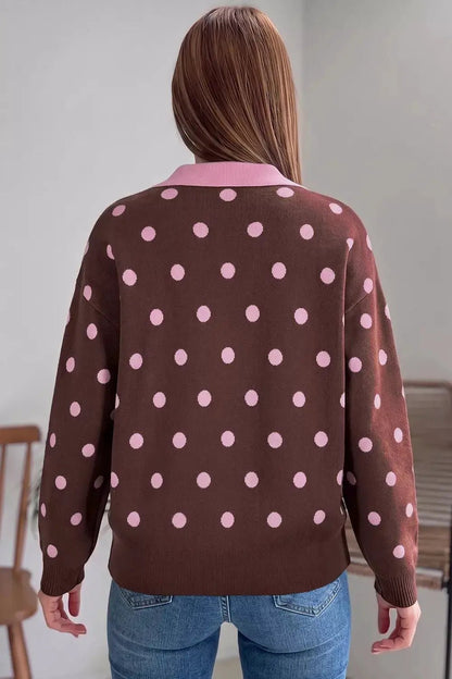 Polka Dot Pattern Color Block Collared Loose Pullover Sweater - Bitsy Gypsy Boutique