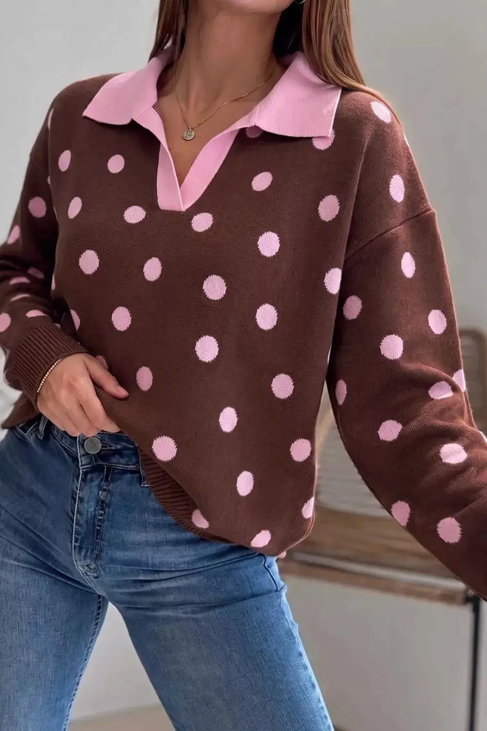 Polka Dot Pattern Color Block Collared Loose Pullover Sweater - Bitsy Gypsy Boutique