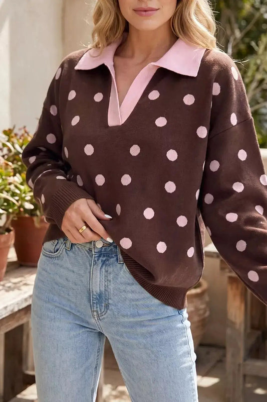 Polka Dot Pattern Color Block Collared Loose Pullover Sweater - Bitsy Gypsy Boutique