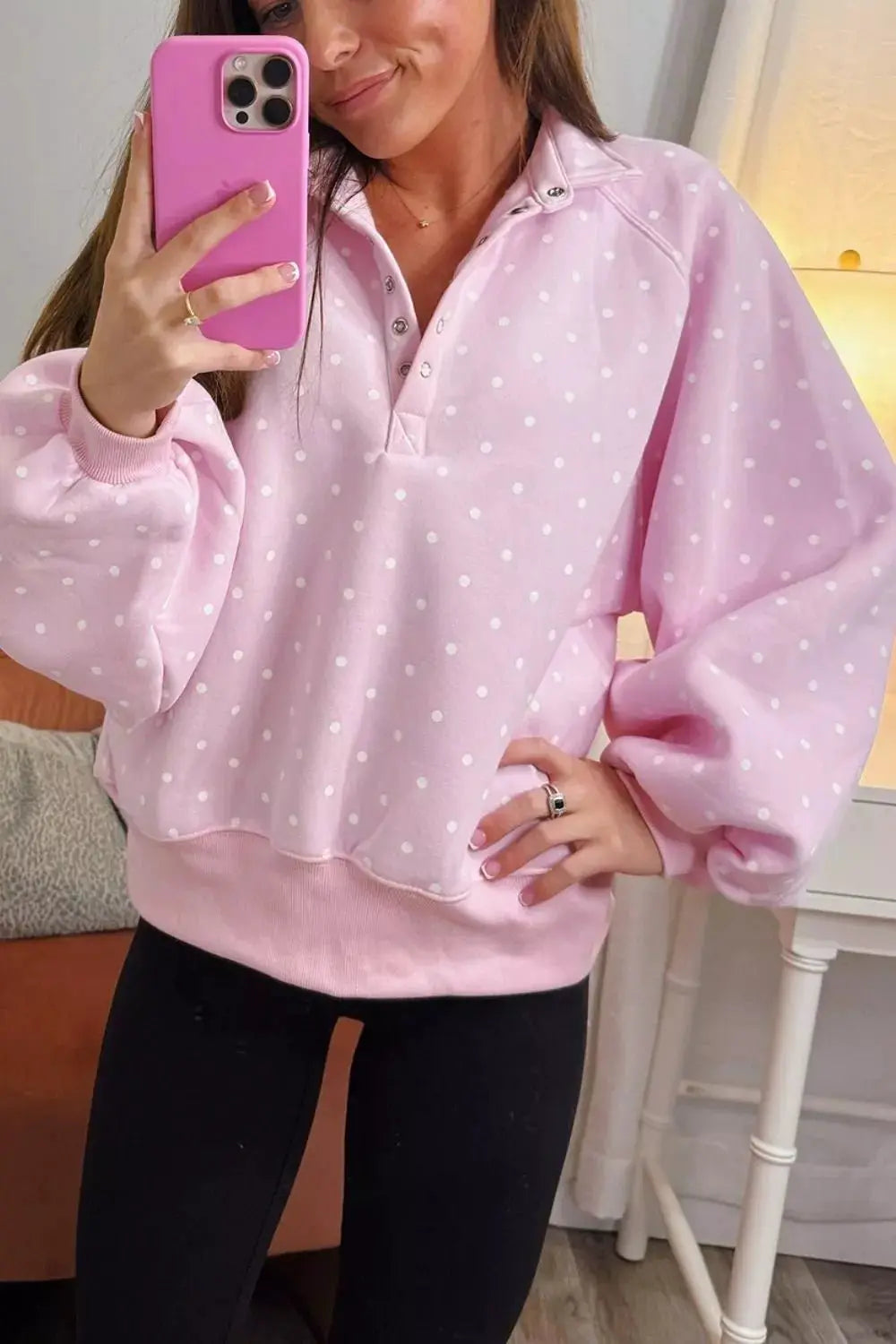 Polka Dot Print Metal Button Collar Casual Pullover Sweatshirt by Trendsi