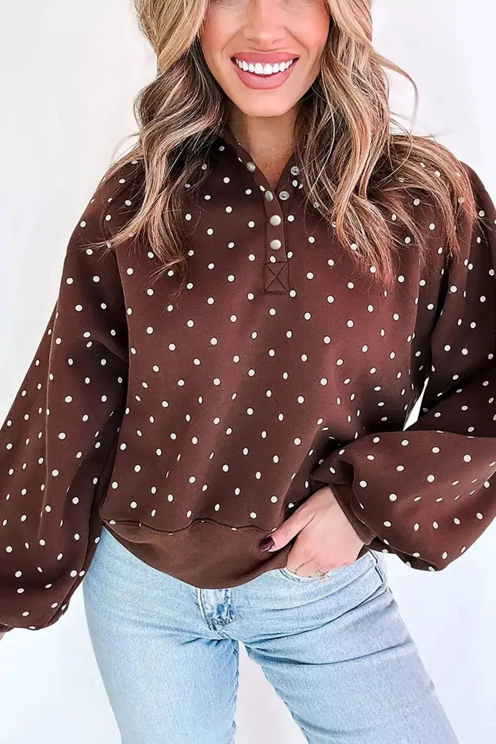 Polka Dot Print Metal Button Collar Casual Pullover Sweatshirt by Trendsi